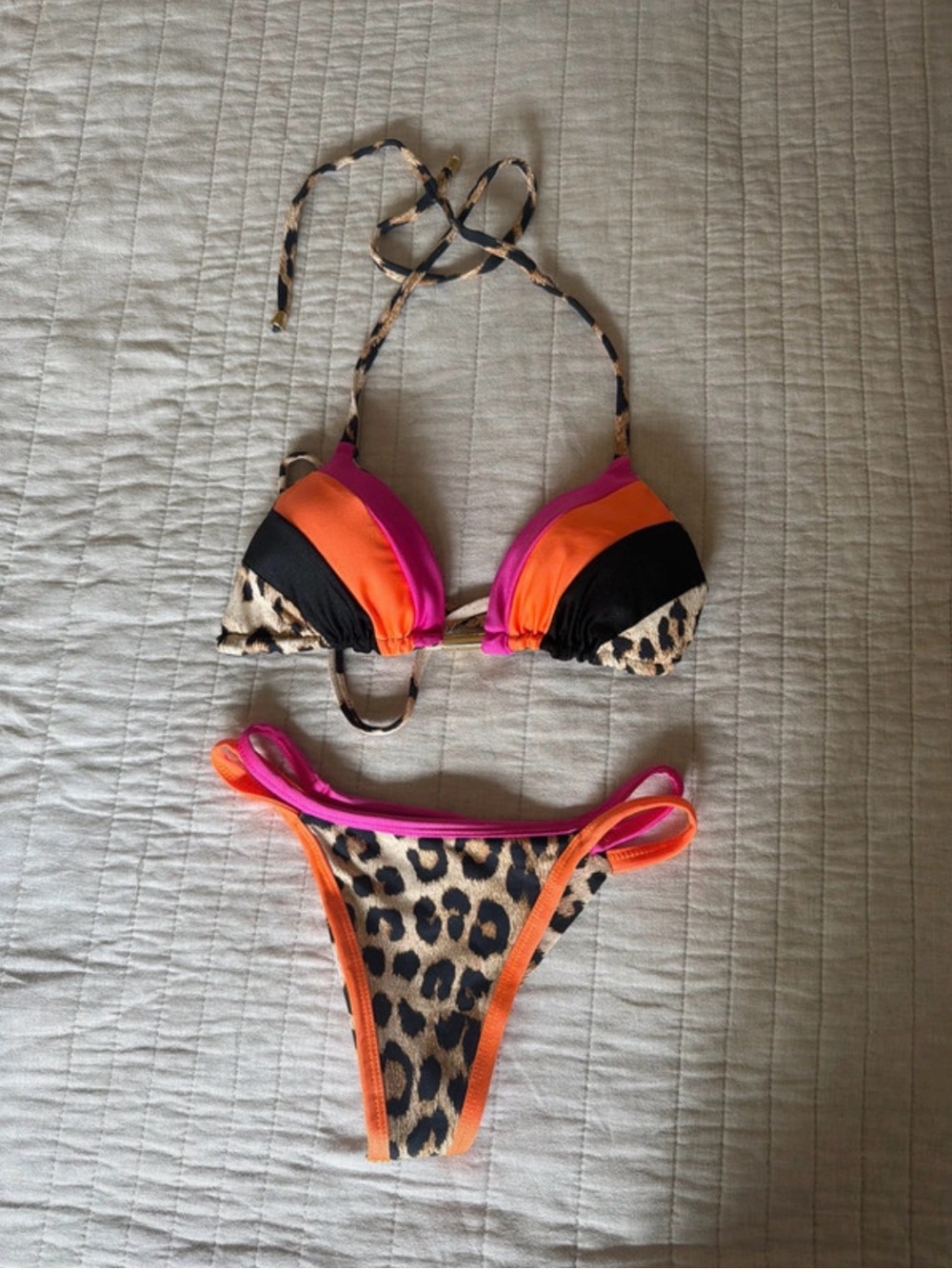 Brazilian Leopard Print Bikini with Neon Pink & Orange Accents